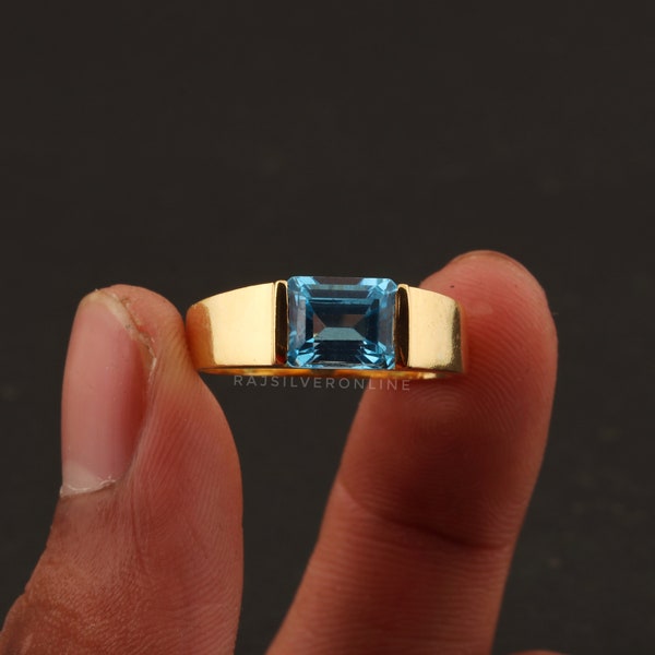 Anillo de topacio azul natural, anillo de hombre, anillo de plata de ley 925 chapado en oro de 18K, anillo hecho a mano, anillo de compromiso, anillos de boda, regalo para él