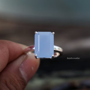 Emerald Cut Blue Chalcedony Ring: Handmade 925 Sterling Silver
