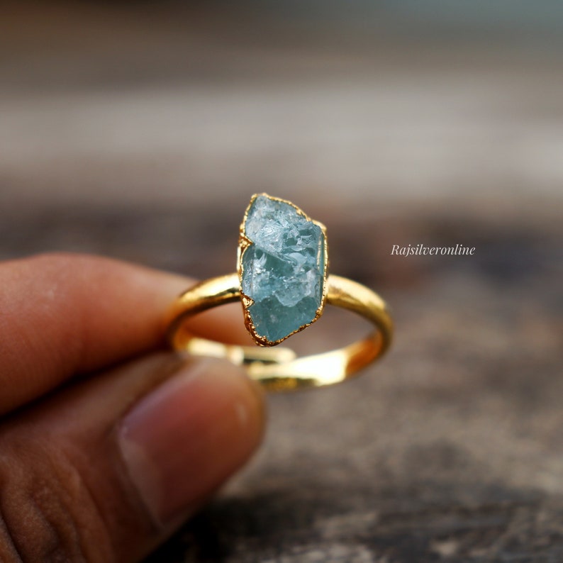 Raw Aquamarine Ring, Gold Vermeil 925 Sterling Silver Ring, Uncut Gemstone Ring, Handmade Ring, Rough Aquamarine Ring, Birthday Gift For Her image 3