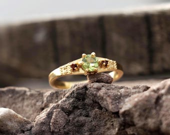 Peridot & Garnet Ring: Gold Plated Wedding Band, Handmade Sterling Silver Stackable Ring, Anniversary Jewelry