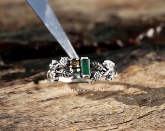 Green Jade, Citrine & Moss Agate Ring, Flower Designer Ring: Sterling Silver Branches Band-Handmade Jewelry