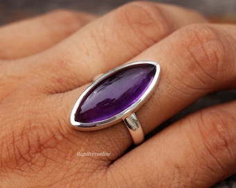 Marquise Shape Amethyst Ring: Handmade 925 Sterling Silver Statement Ring, Stacking Jewelry
