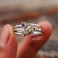 Handmade Sterling Silver Peridot Amethyst Ring: Stackable Wire Wrap Three Band