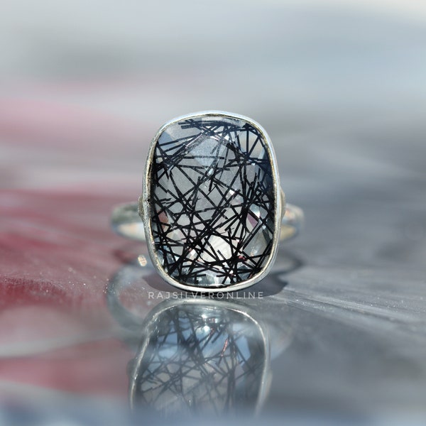 Black Rutile Quartz Ring: Handmade Sterling Silver Band, Boho Statement Jewelry