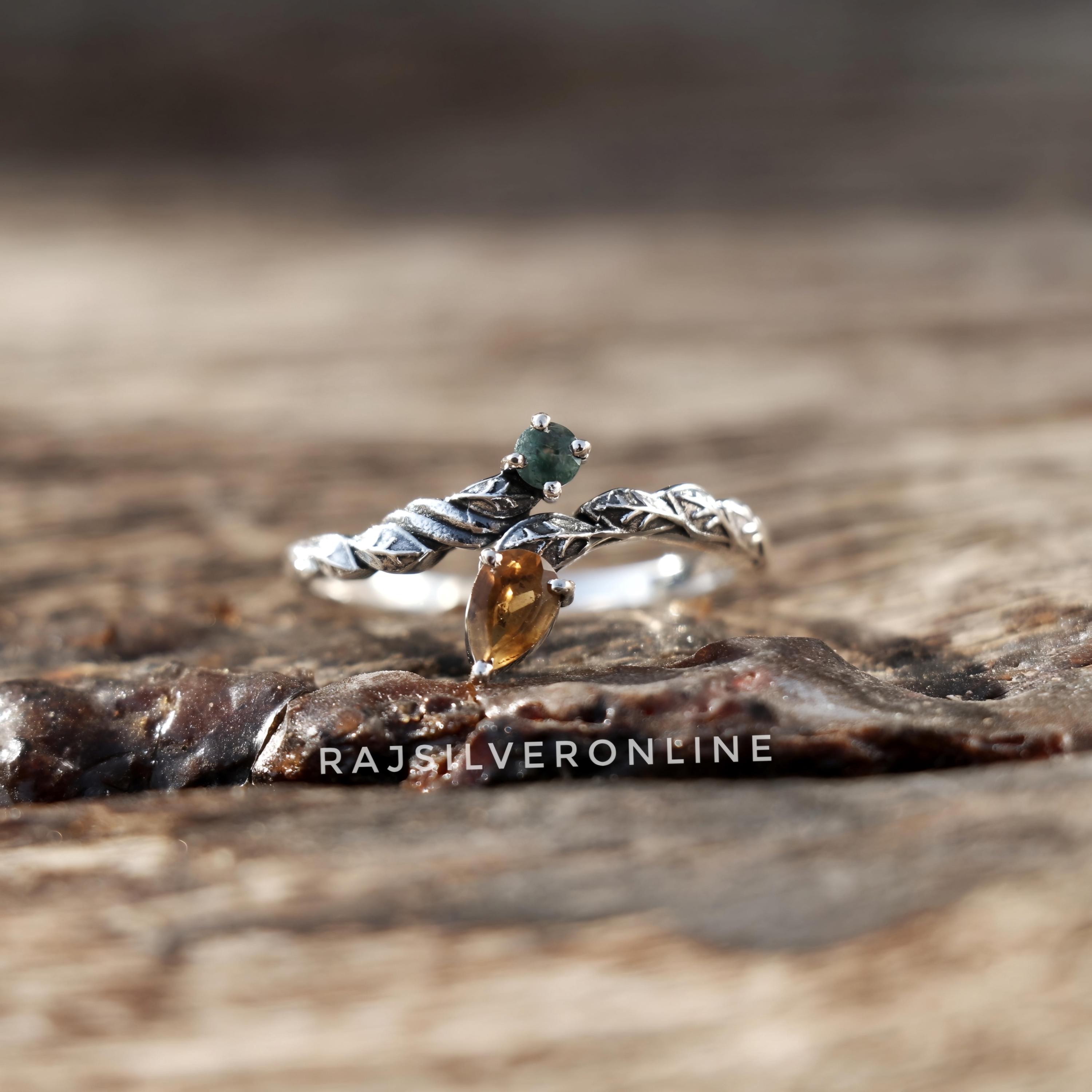 Citrine & Moss Agate Silver Leaves Ring: 925 Sterling Stacking Ring