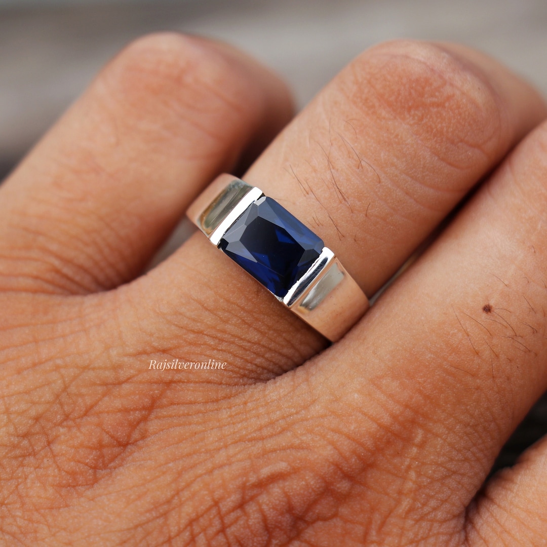 Blue Sapphire Ring: 925 Sterling Silver Solitaire, Men's Wedding