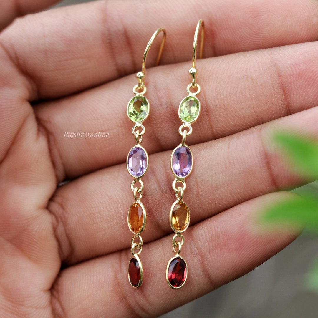 Handmade Multi Gemstone Drop Earrings 18k Gold Plated Sterling Silver 