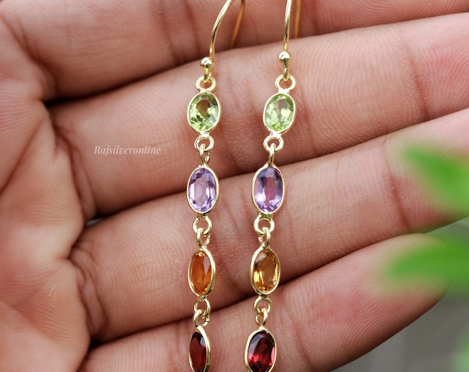 Handmade Multi Gemstone Drop Earrings: 18k Gold Plated Sterling Silver Earrings, Dainty Women Jewelry
