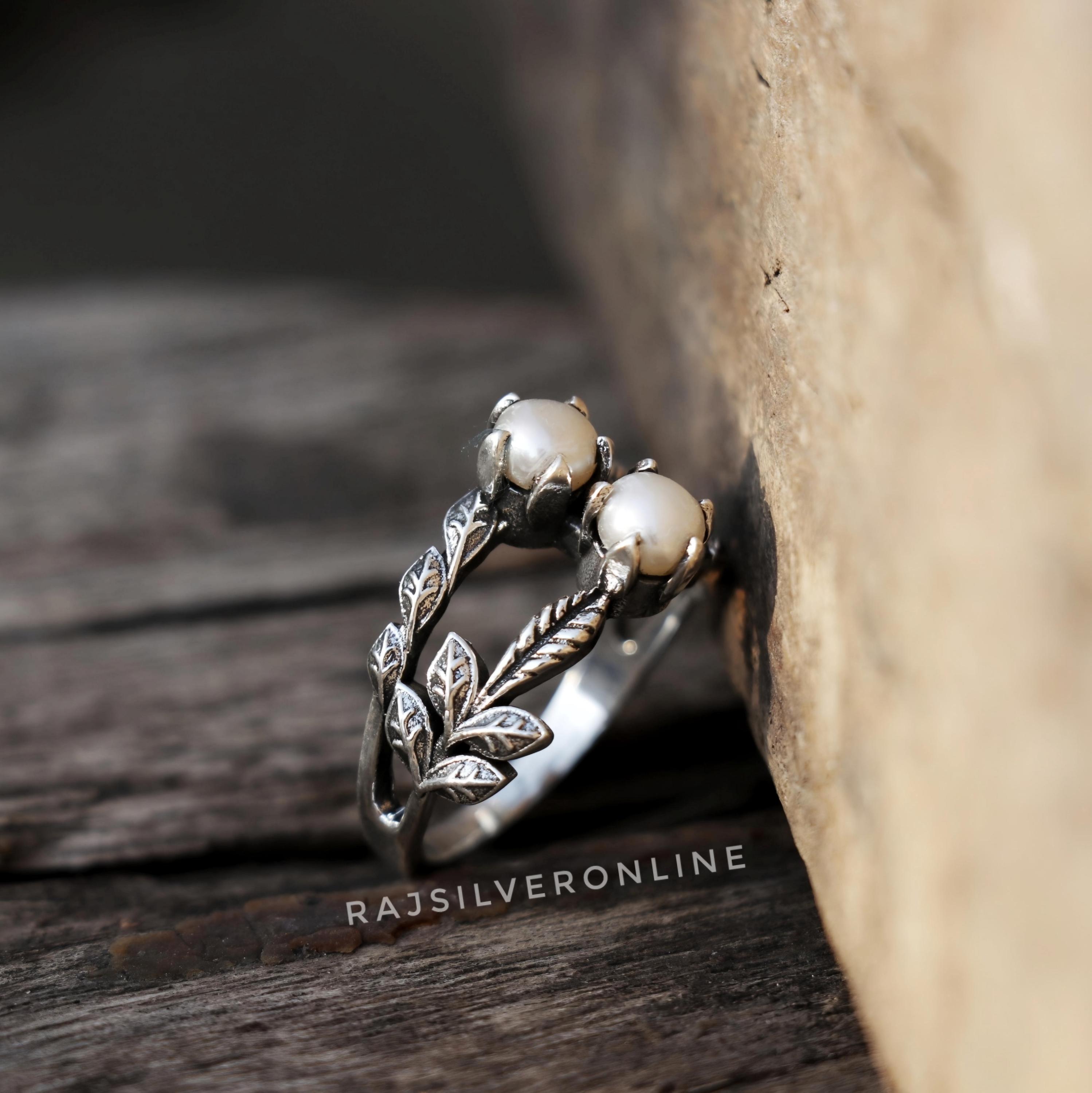 Silver Leaves Ring, Natural Pearl Ring, 925 Sterling Silver Ring, Unique Design Ring, Handmade Branch Ring, Anniversary Ring, Gift For Women