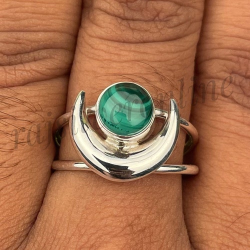 Malachite Crescent Moon Ring: 925 Sterling Silver Band, Handmade Jewelry, Minimalist Ring, Celestial Rings