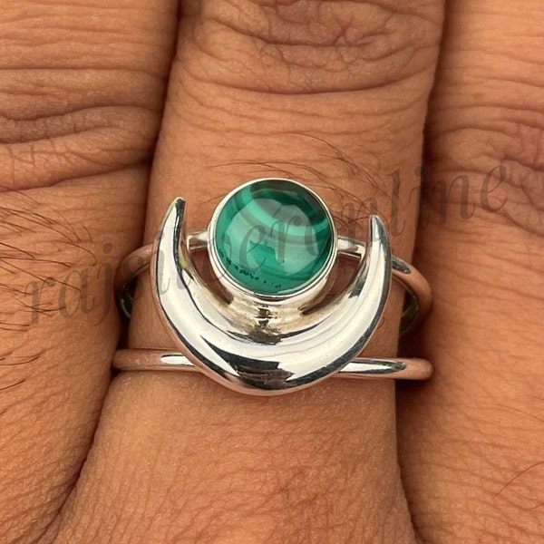 Natural Malachite Ring, Crescent Moon Ring, 925 Sterling Silver Ring, Handmade Ring, Celestial Ring, Green Malachite Jewelry, Gift For Her