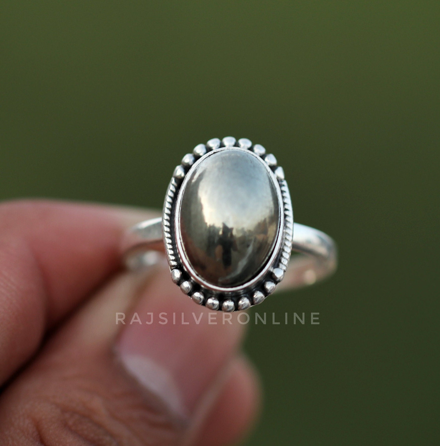 Handmade Oval Pyrite Ring: Sterling Silver Boho Statement Jewelry