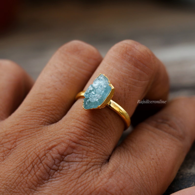 Raw Aquamarine Ring, Gold Vermeil 925 Sterling Silver Ring, Uncut Gemstone Ring, Handmade Ring, Rough Aquamarine Ring, Birthday Gift For Her image 4