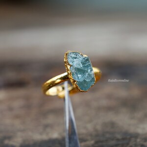 Raw Aquamarine Ring, Gold Vermeil 925 Sterling Silver Ring, Uncut Gemstone Ring, Handmade Ring, Rough Aquamarine Ring, Birthday Gift For Her image 2