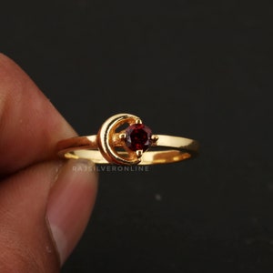Garnet Crescent Moon Ring: 18k Gold Plated Sterling Silver, Handmade Jewelry