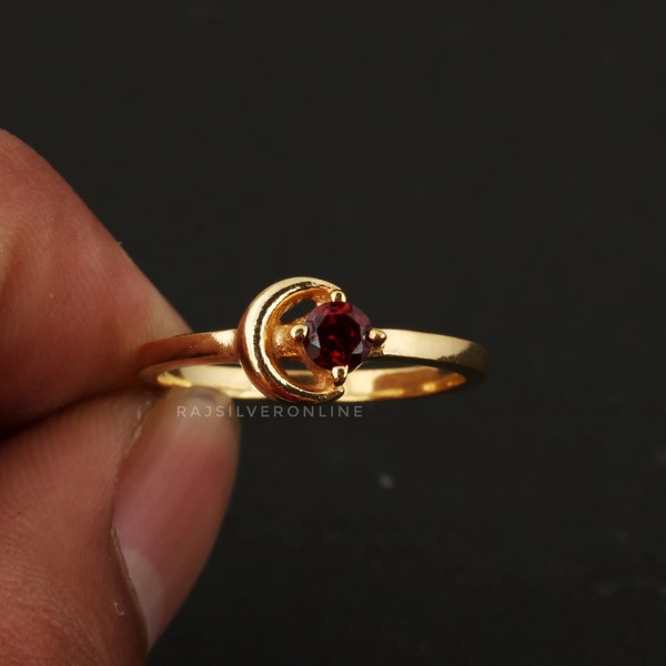 Garnet Crescent Moon Ring, Celestial Ring, 18k Gold Plated, 925 Sterling Silver Ring, Handmade Ring, Red Garnet Jewelry, Minimalist Gift Her