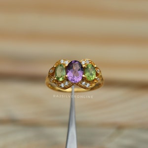 Natural Amethyst and Peridot Ring, 18k Gold Vermeil, 925 Sterling Silver Ring, Engagement Ring, Handmade Ring Anniversary Ring, Gift For Her