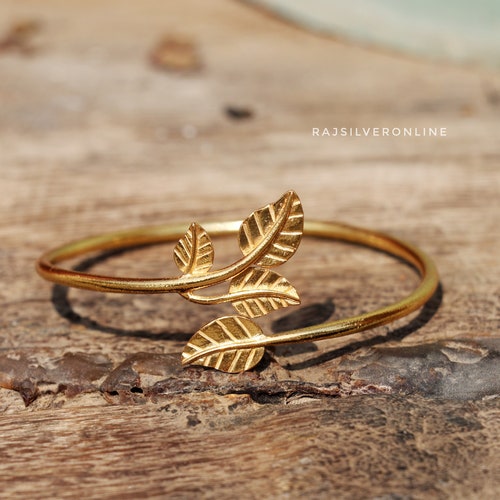 Leaf Bangle 18k Gold Plated: Handmade Sterling Silver Adjustable