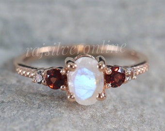 Moonstone Ring, Garnet Ring, Rose Gold Vermeil, Engagement Ring, 925 Sterling Silver Ring, Handmade Solitaire Ring, Anniversary Gift For Her
