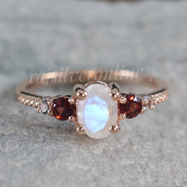 Moonstone Ring, Garnet Ring, Rose Gold Vermeil, Engagement Ring, 925 Sterling Silver Ring, Handmade Solitaire Ring, Anniversary Gift For Her