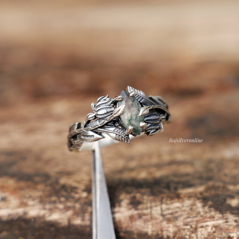Anillo de ramas de plata, anillo de ágata de musgo, anillo de plata de ley 925, joyería inspirada en la naturaleza hecha a mano, anillo de hojas, anillo de regalo de cumpleaños para ella imagen 9