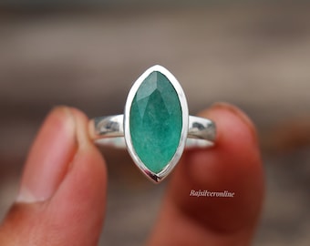 Green Jade Ring: Sterling Silver Statement Ring, Marquise Gemstone Band, Handmade Jewelry