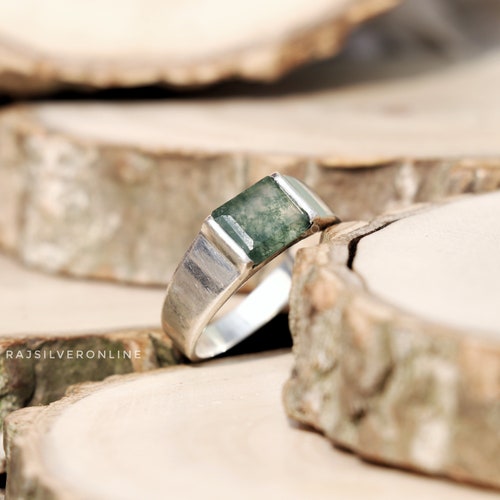 Emerald Cut Moss Agate Ring: Handmade 925 Sterling Silver Men's Ring, Wedding Band Jewelry