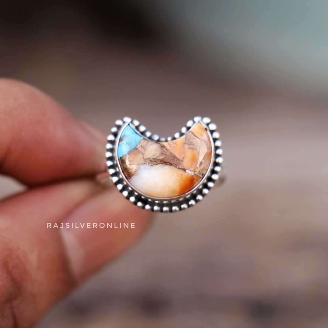 Oyster Turquoise Crescent Moon Ring: Handmade 925 Sterling Silver