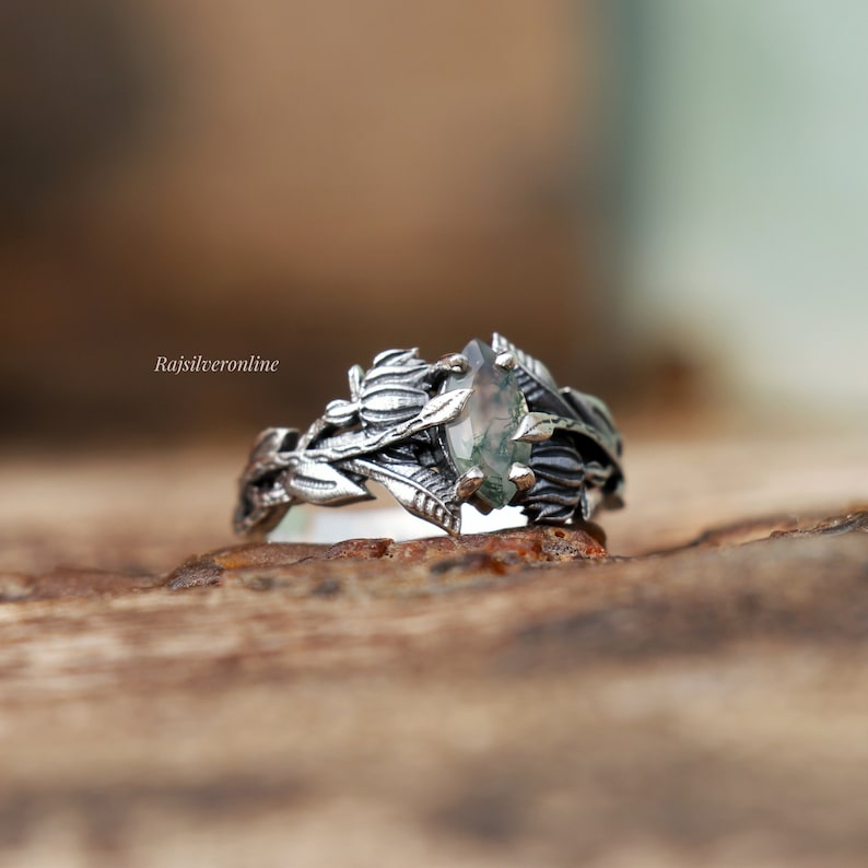 Anillo de ramas de plata, anillo de ágata de musgo, anillo de plata de ley 925, joyería inspirada en la naturaleza hecha a mano, anillo de hojas, anillo de regalo de cumpleaños para ella imagen 8