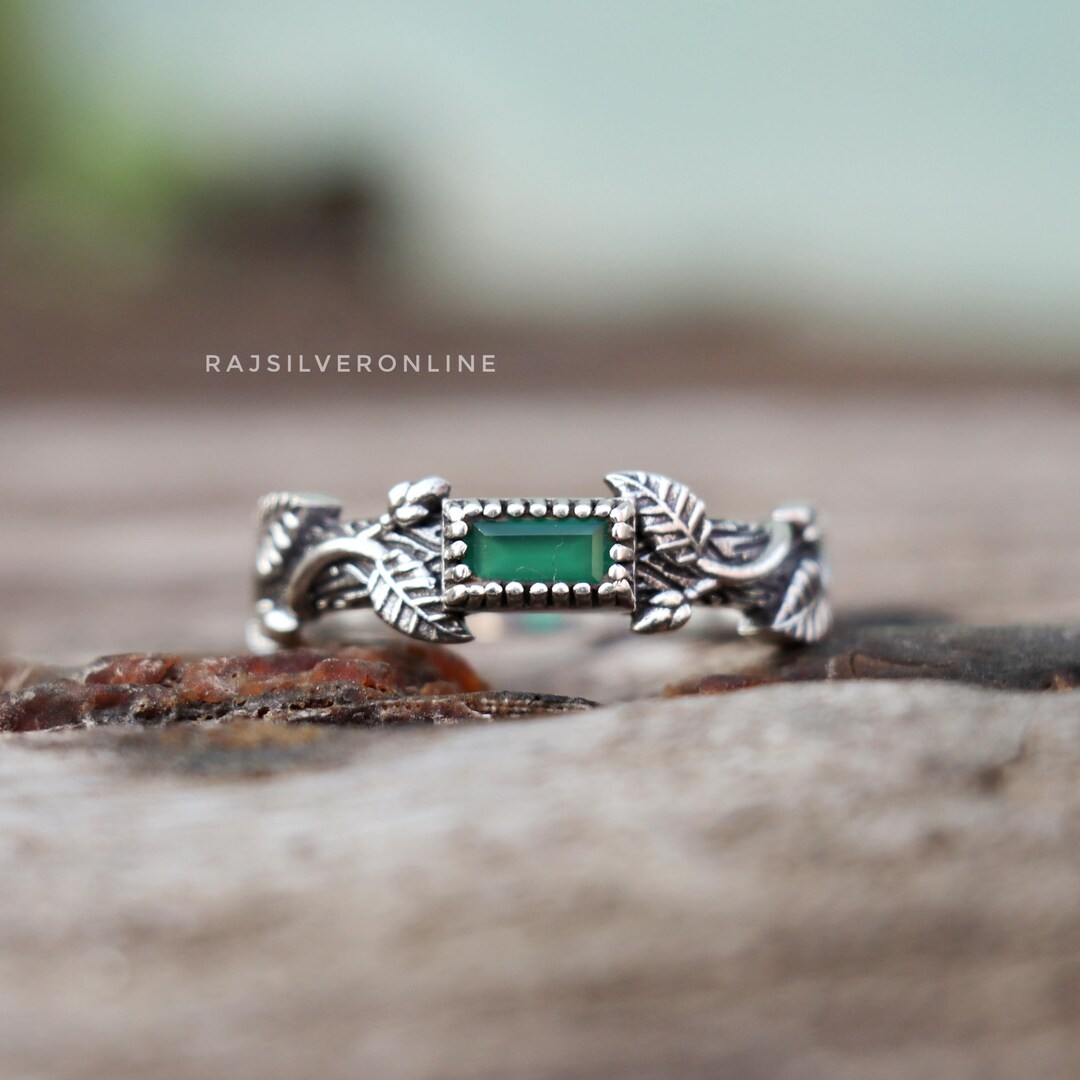 Green Onyx Ring, Branches 925 Sterling Silver Ring, Women Stacking Ring