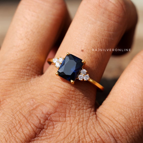 Bague En Argent Sterling 925 Plaqué Or 24k Avec Saphir Bleu 9,08ct - Taille 6 - Style Vintage
