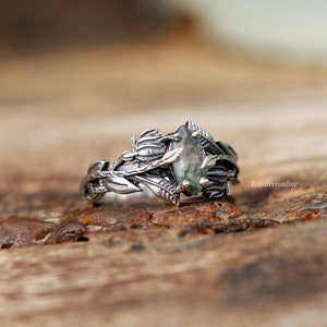Anillo de ramas de plata, anillo de ágata de musgo, anillo de plata de ley 925, joyería inspirada en la naturaleza hecha a mano, anillo de hojas, anillo de regalo de cumpleaños para ella imagen 3