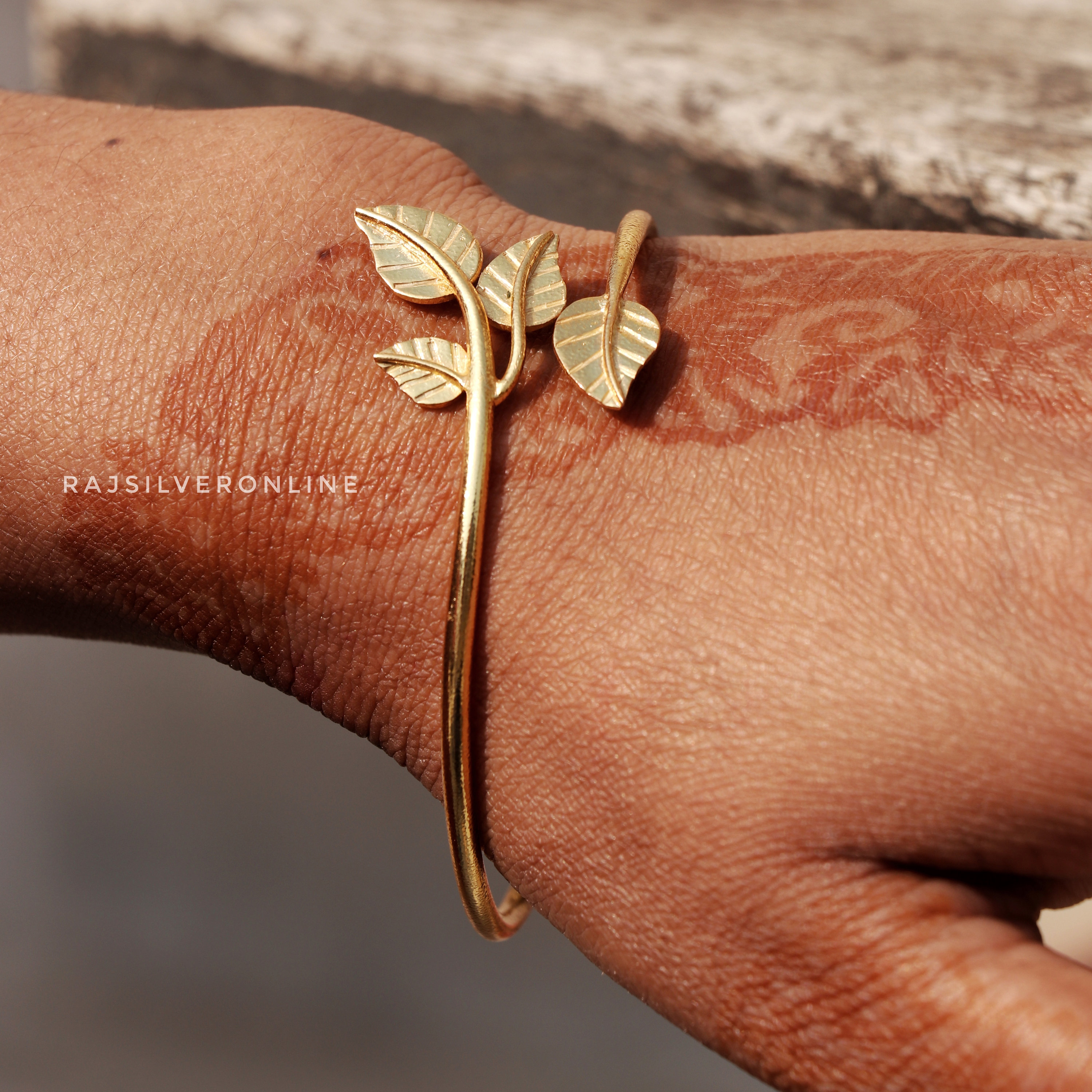 Leaf Bangle 18k Gold Plated: Handmade Sterling Silver Adjustable
