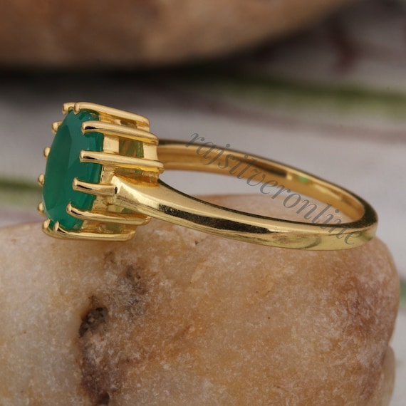 Genuine Green Onyx Gold Plated Ring For Women - Oval Shape Astrological Ring, Sizes 5-12, Customizable
