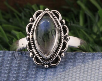 Natural Rainbow Moonstone Ring-Blue Fire Moonstone Ring-Handmade Silver Ring-925 Sterling Silver-Gift for her-Promise Ring-Anniversary Ring