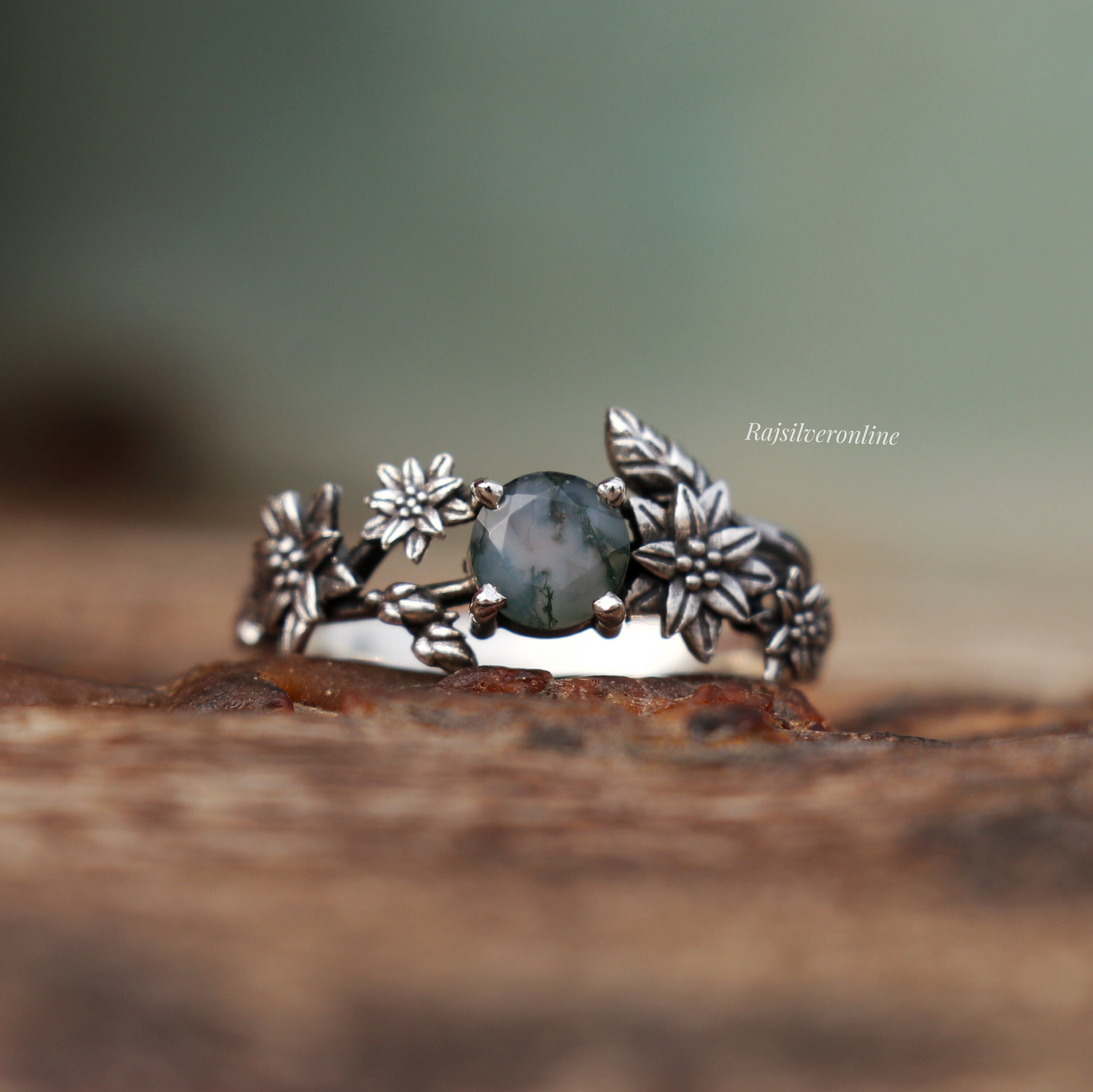 Damen Ring Moosachat Mit Zirkonia - Stiefmütterchen Blumenring Sterling Silber