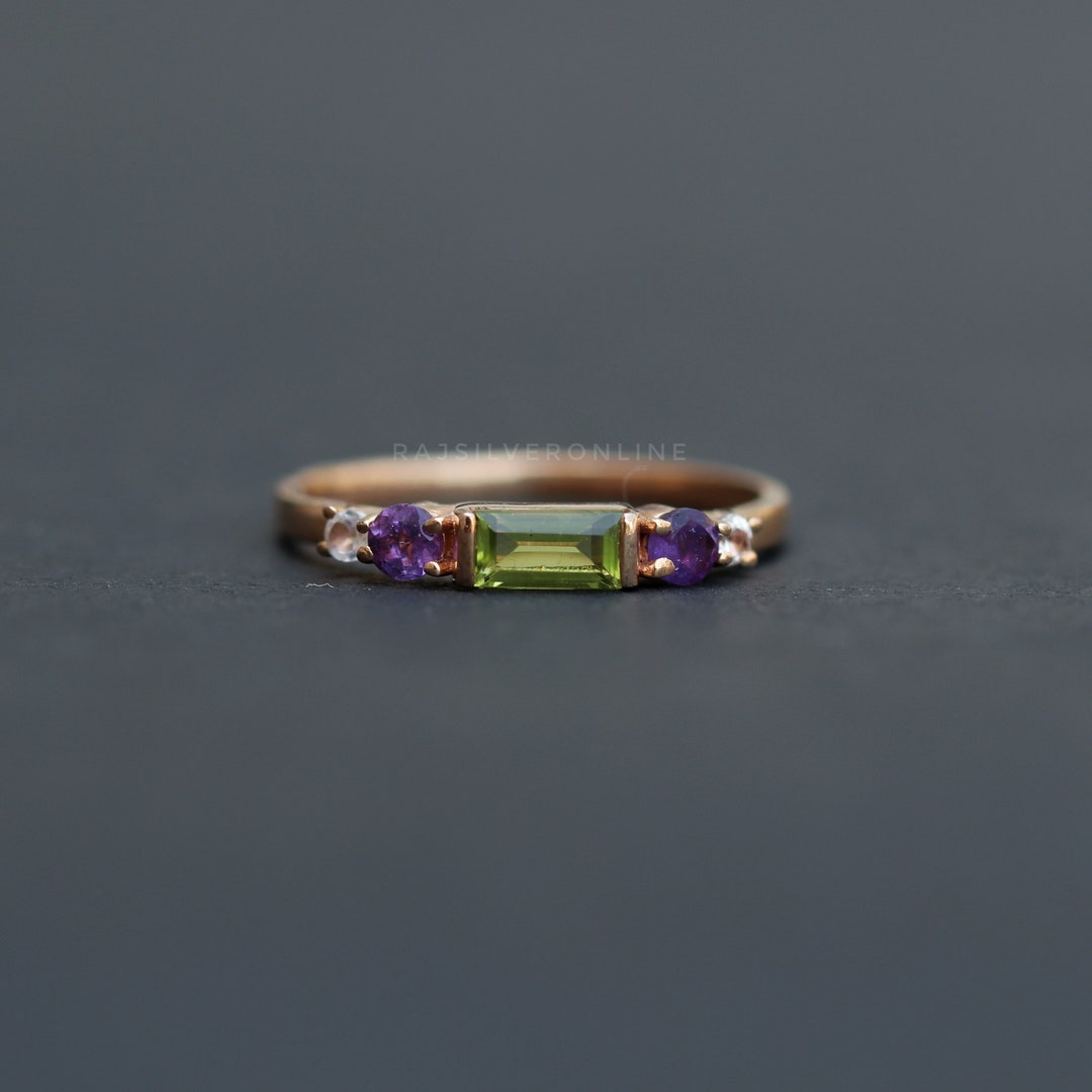 Peridot and Amethyst Ring, 18k Rose Gold Vermeil, 925 Sterling Silver