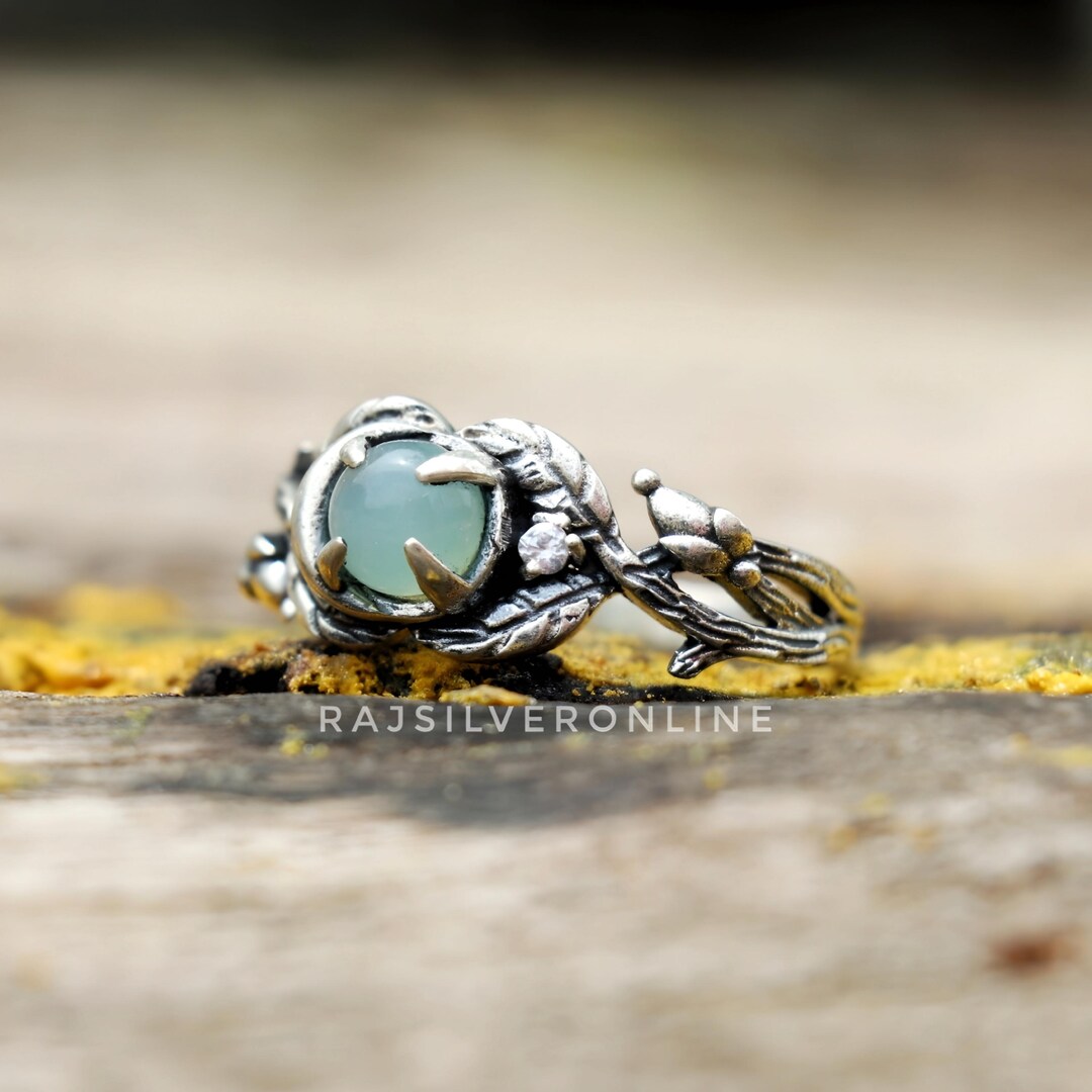 Aqua Chalcedony Crescent Moon Ring: Sterling Silver Branches