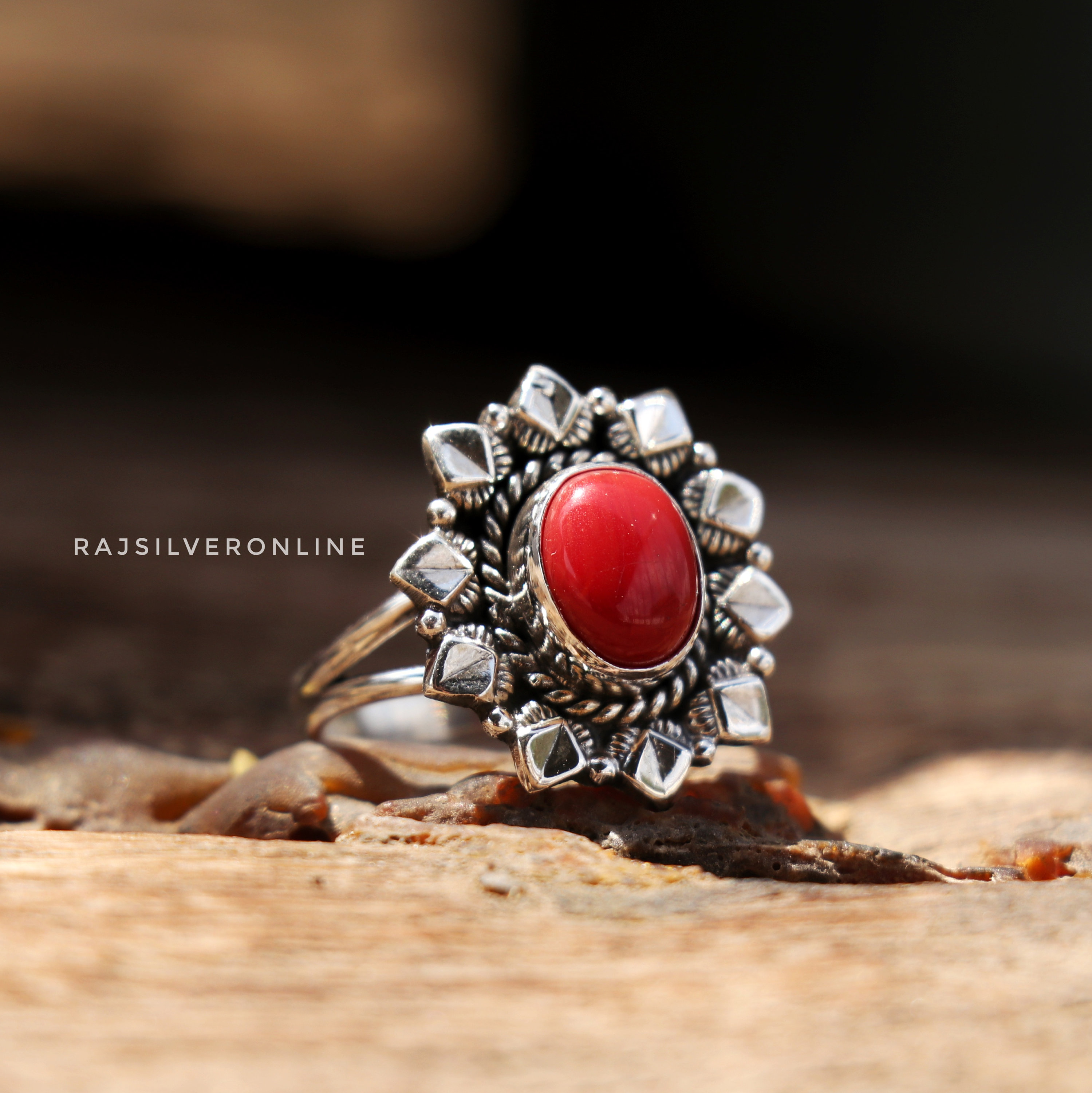 Handmade Red Coral Ring: Oval Gemstone, 925 Sterling Silver 
