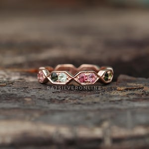 Natural Multi Tourmaline Ring, Engagement Band, 18k Rose Gold Ring, Tourmaline Band Ring, Handmade Ring, Wedding Jewelry, Gift For Her