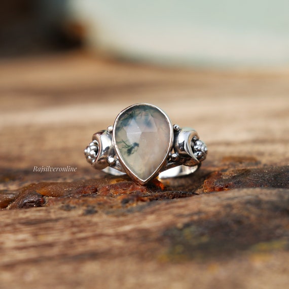 Genuine Sterling Silver & Gemstone Ring – Agate, Moonstone, Or Garnet, Handmade Marquise Boho Style - View #2