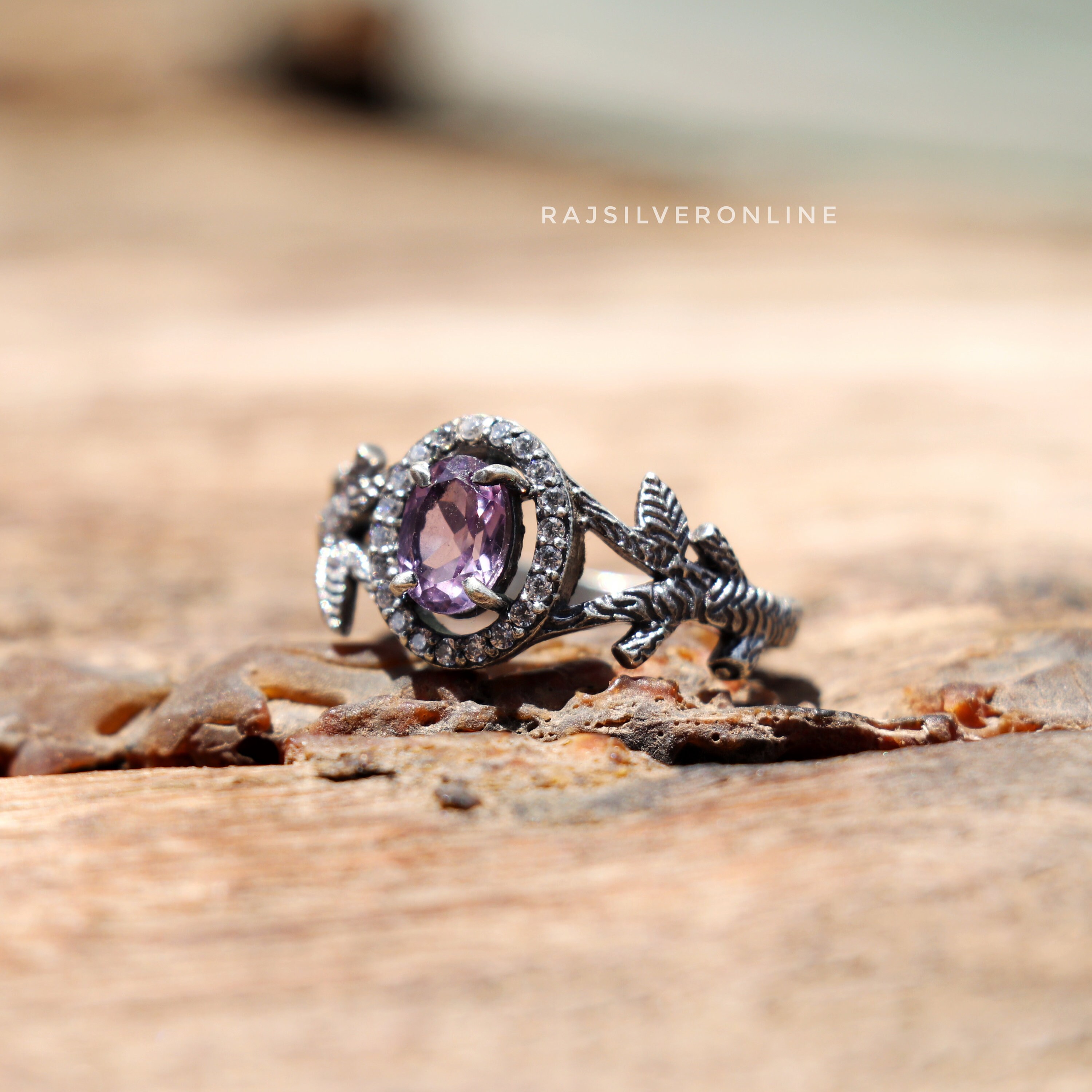 アメジストの枝のリング、スターリングシルバーのデザイナーバンド