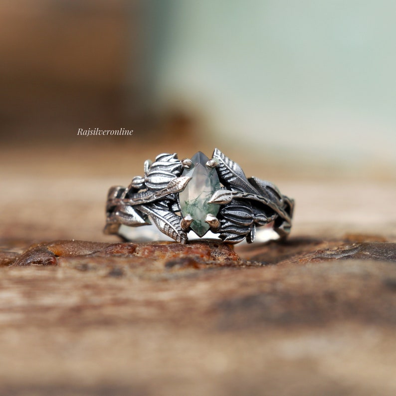 Anillo de ramas de plata, anillo de ágata de musgo, anillo de plata de ley 925, joyería inspirada en la naturaleza hecha a mano, anillo de hojas, anillo de regalo de cumpleaños para ella imagen 1