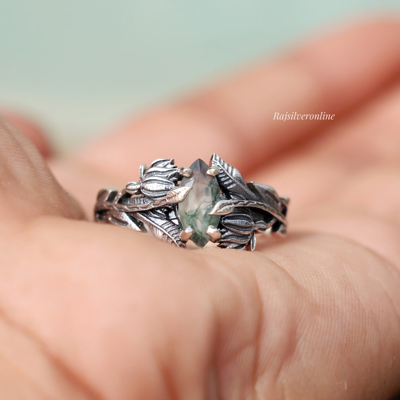 Anillo de ramas de plata, anillo de ágata de musgo, anillo de plata de ley 925, joyería inspirada en la naturaleza hecha a mano, anillo de hojas, anillo de regalo de cumpleaños para ella imagen 7