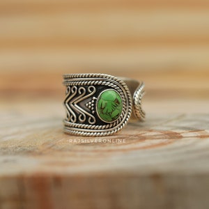 Green Copper Turquoise Ring: Sterling Silver Adjustable Band, Handmade Artisan Design Jewelry