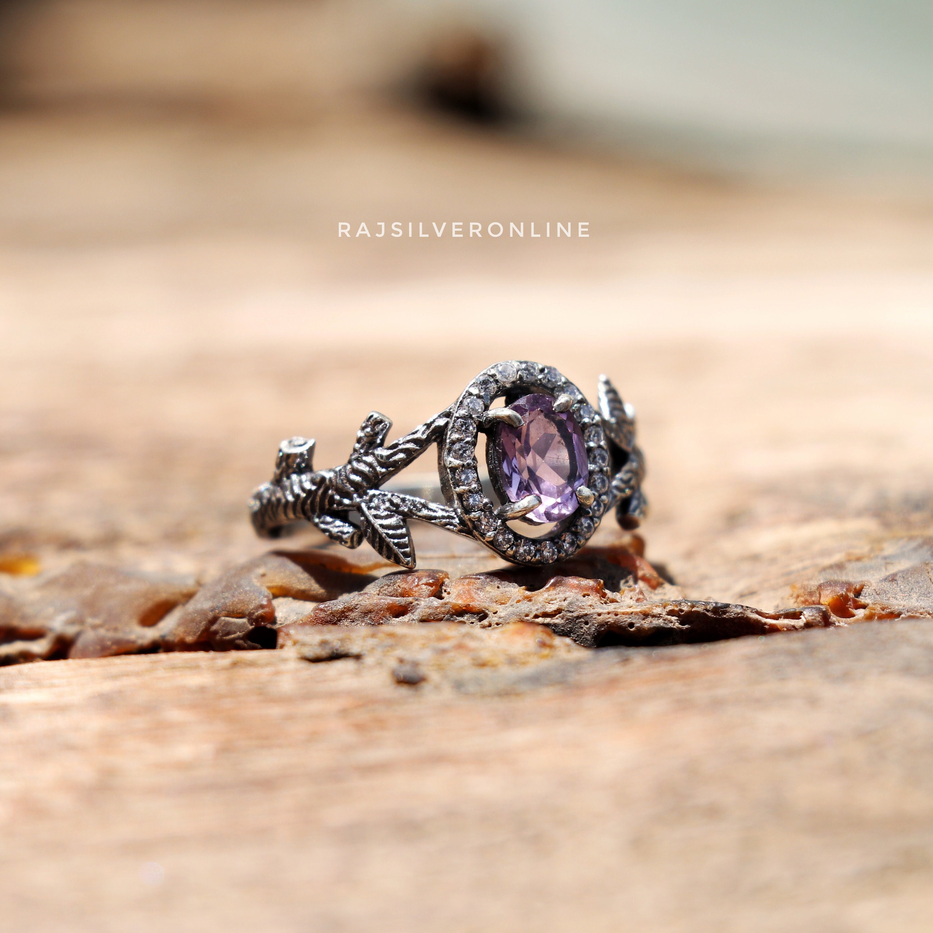 アメジストの枝のリング、スターリングシルバーのデザイナーバンド