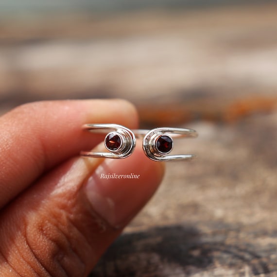 Handmade Garnet Ring: 925 Sterling Silver Adjustable Band, Minimalist Two Stone Ring