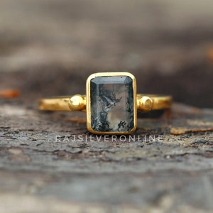 Natürliche Moosachat Rechteck Form Lünette Ring, 18k Gold Vermeil Ring, Sterling Silber Ring, Moosachat Ring, zierlicher Ring, Jubiläumsring