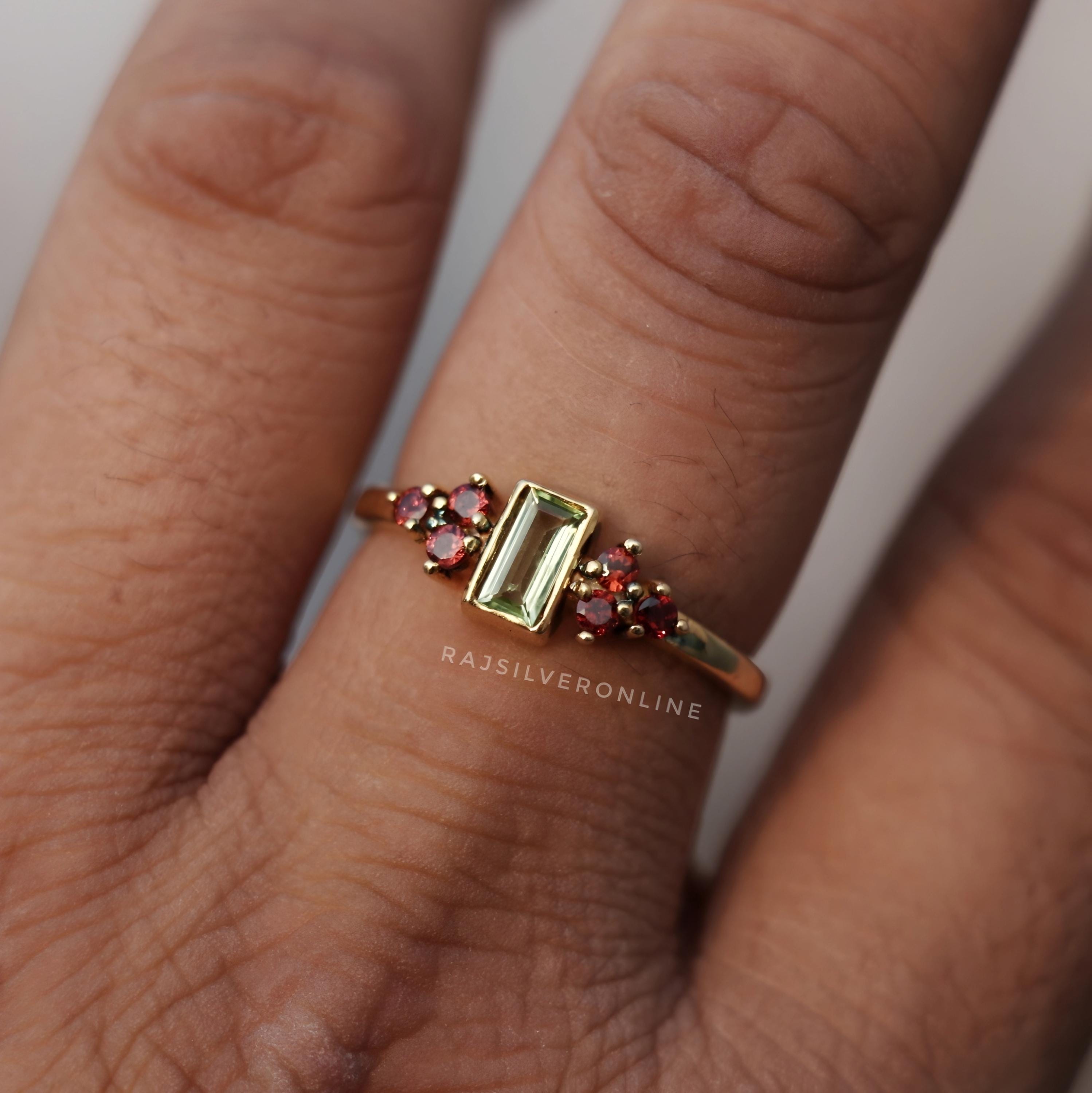 ペリドットとガーネットの婚約指輪、ゴールドメッキ、925スターリング