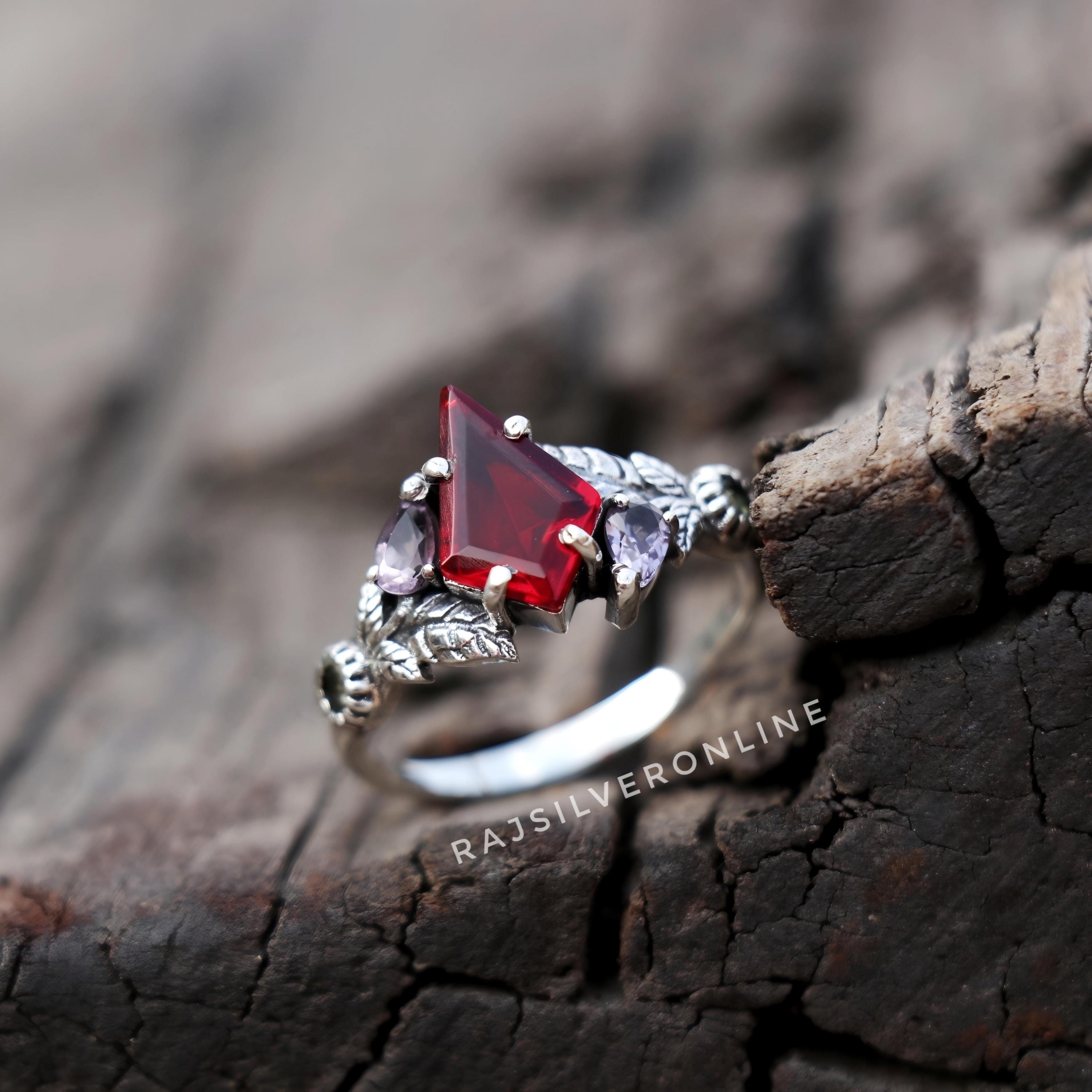 Anello Uomo In Argento 925 Con Granato Rosso Naturale &ndash; Fatto A Mano, Stile Statement, Tutte Le Misure